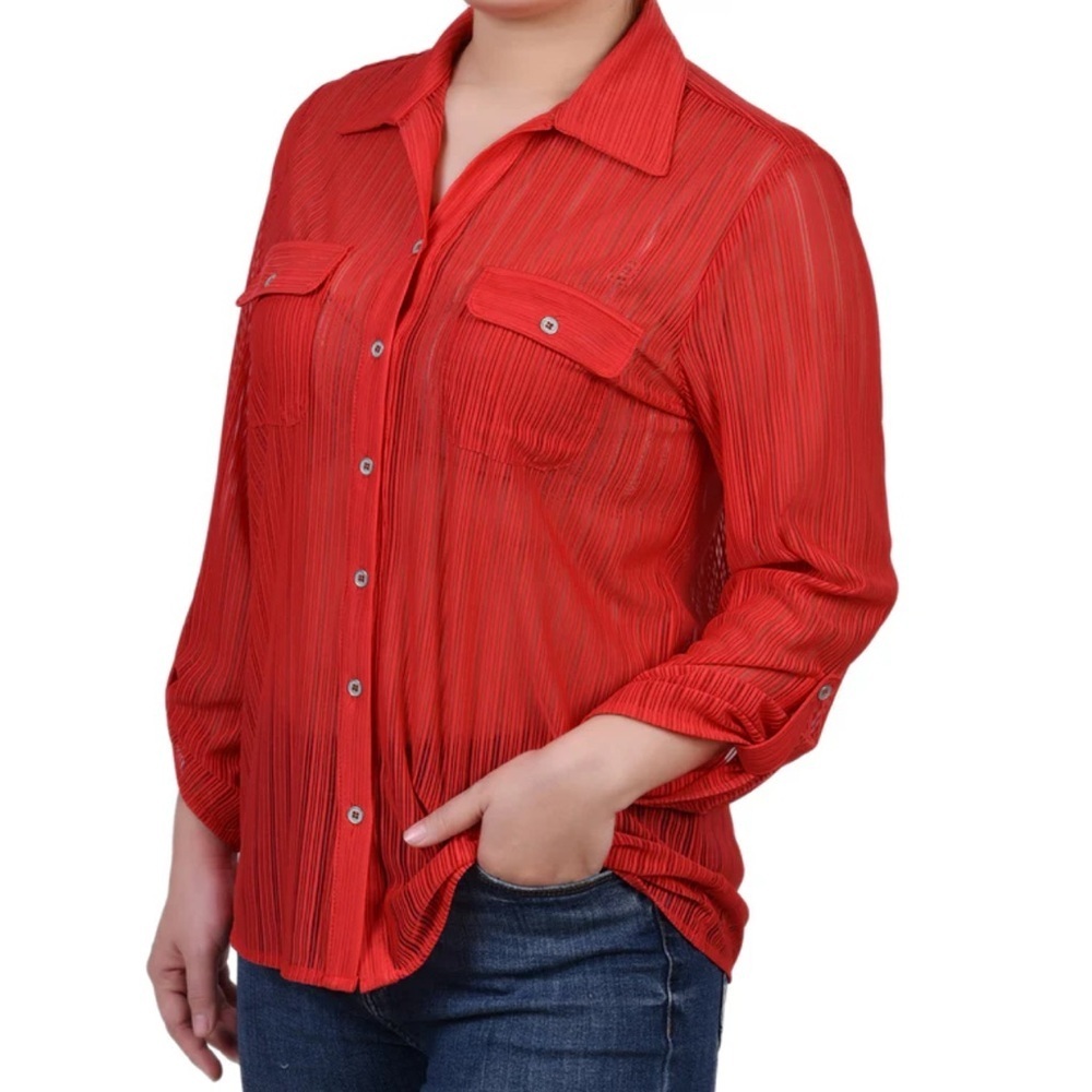 NY Collection Red 3/4 Sleeve Button Down Shirt